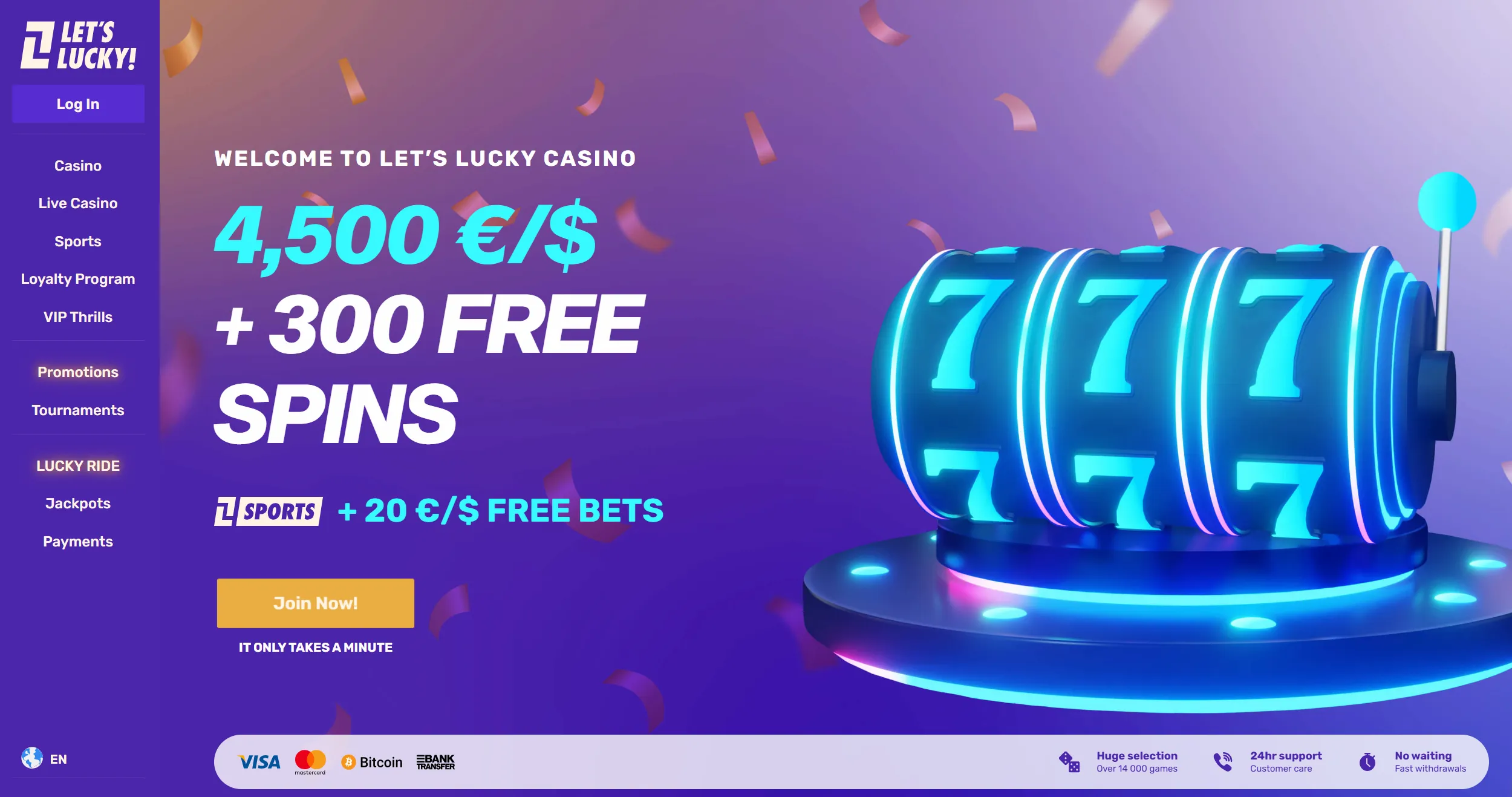 Let's Lucky casino page showing welcome offer and site main navigation